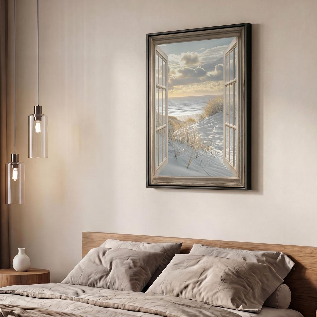 LEINWAND Bilder mit Rahmen - Ausblick - Strand - Dünen - Meer - Natur - 50x70 - Sandfarben, Textil (50/70cm) - MuchoWow