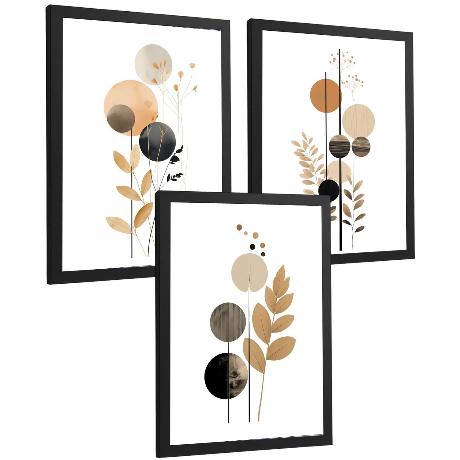 POSTER 3er-Set Wandbilder Geometrische Blumen modern Wohnzimmer Deko, Schlafzimmer, Küche, Badezimmer Schwarzer Rahmen A3 - Schwarz, Papier (29.7/1/42cm) - Nacnic