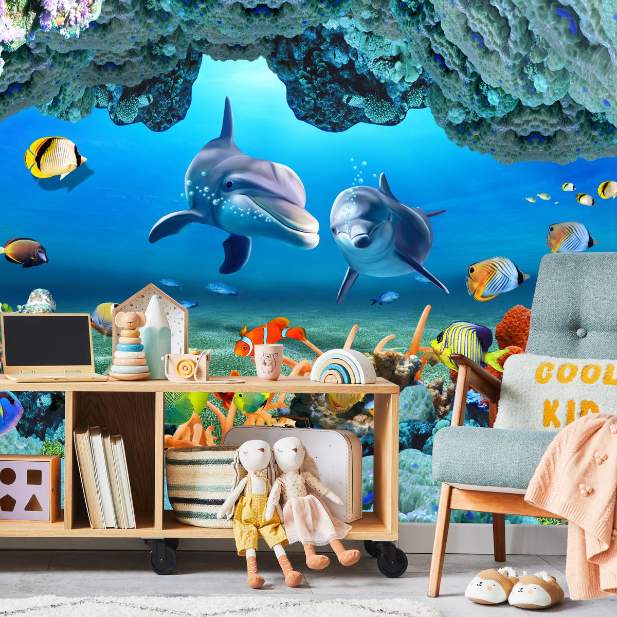 FOTOTAPETE für Badezimmer Unterwasser Korallenriff Delfin Fisch 150x105 - Türkis/Gelb, Papier (150/105cm) - Muralo