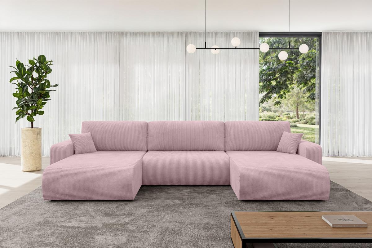 WOHNLANDSCHAFT mit Schlaffunktion und Bettkasten BERY-U 377x193x88 Rosa Cord - Schwarz/Rosa, Holzwerkstoff/Kunststoff (377/88/193cm) - ALTDECOR