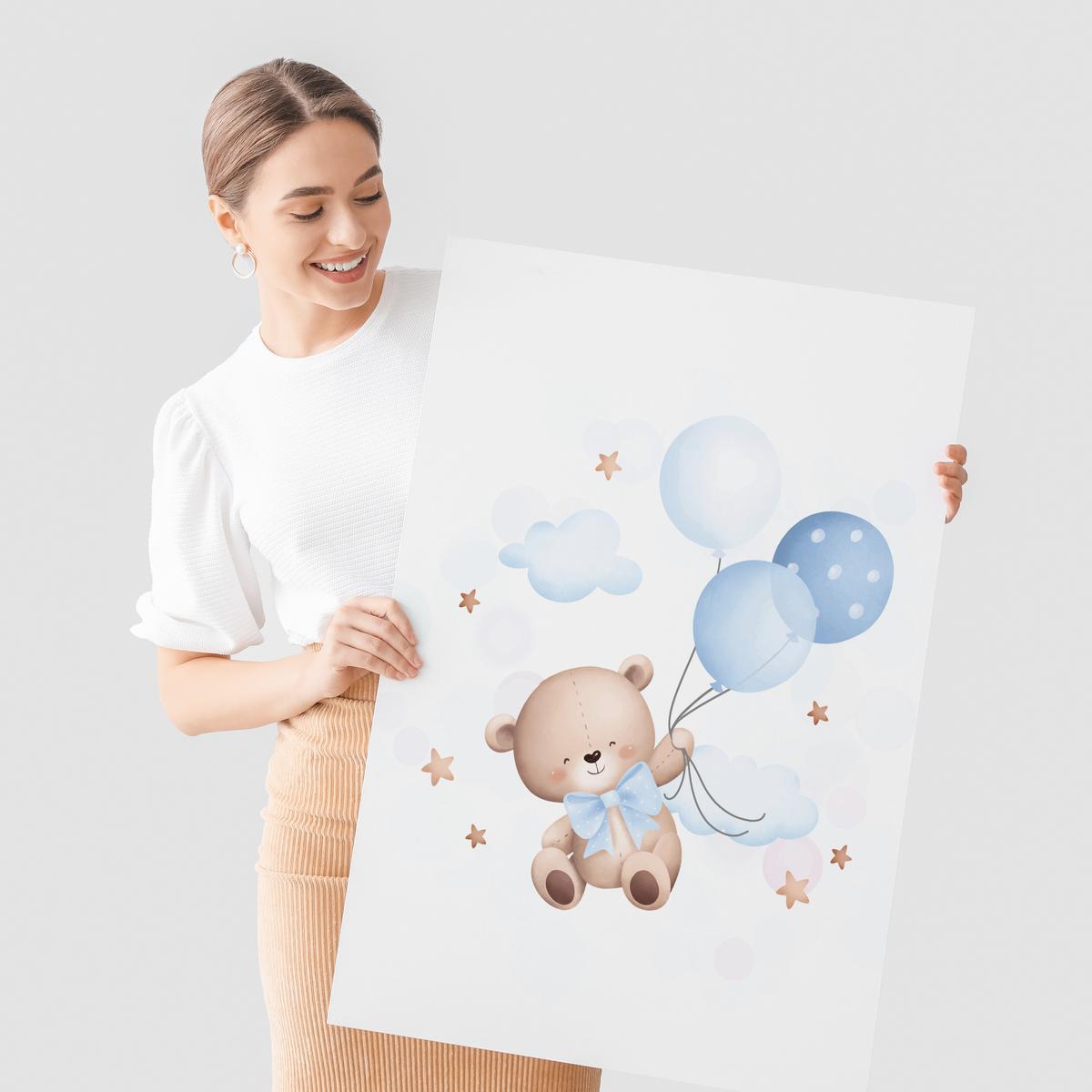 POSTER SET für Kinderzimmer Teddybären blauen Ballons Wolken Sterne 3x Poster A3 30x42cm - Gelb/Beige, Papier (30/42/1cm) - Muralo