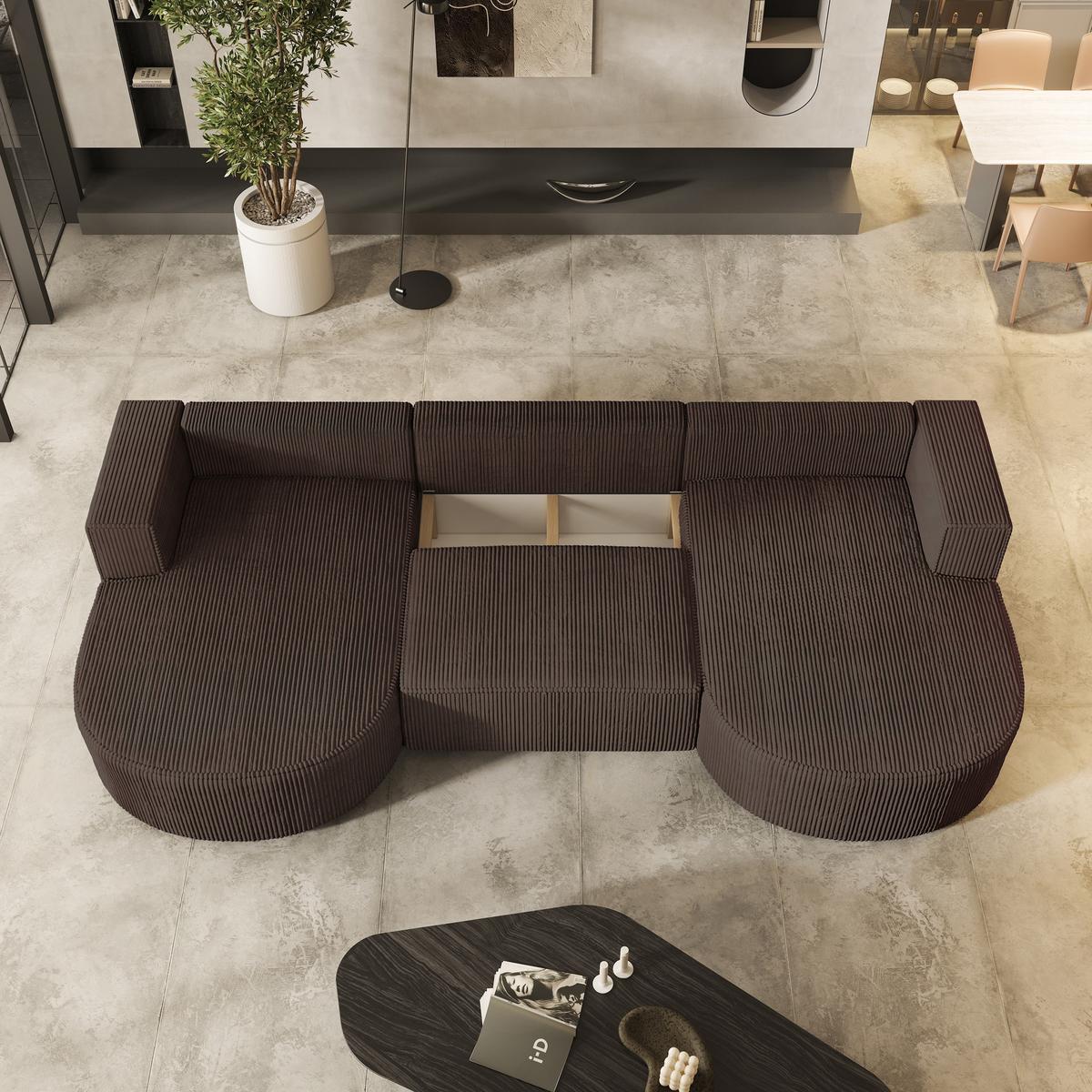 WOHNLANDSCHAFT VEZZO P Braun Kordstoff mit Schlaffunktion - Braun/Grau, Holz/Kunststoff (347/85/174cm) - MASSENO