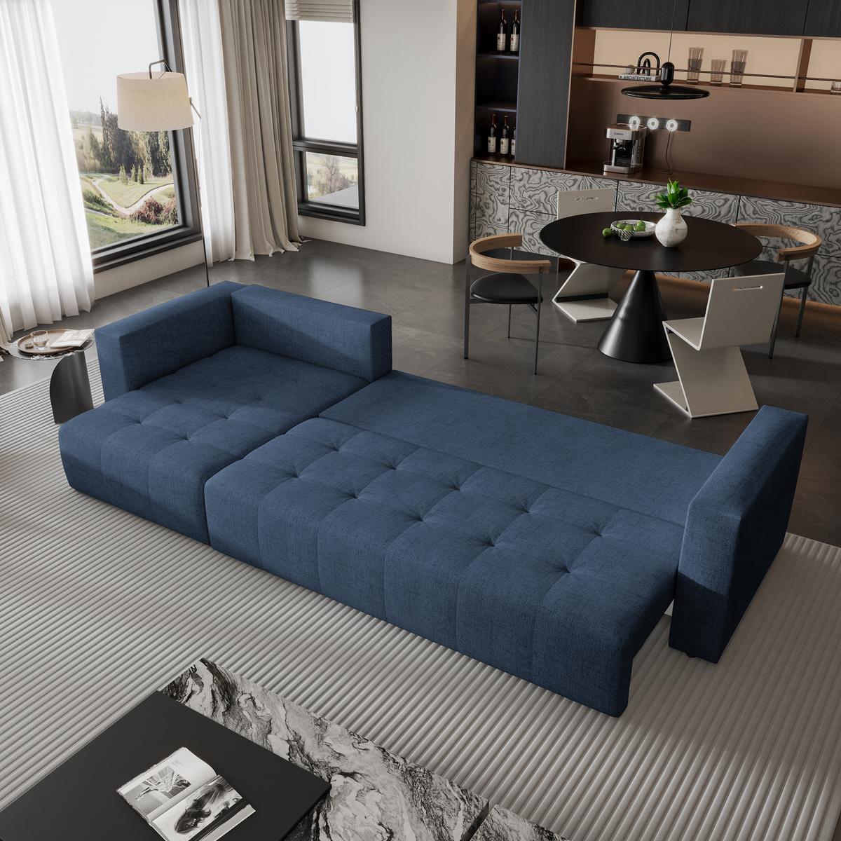 ECKSOFA OLVERA Blau Geflochtener Stoff mit Schlaffunktion - Blau, Holz (347/148cm) - MASSENO