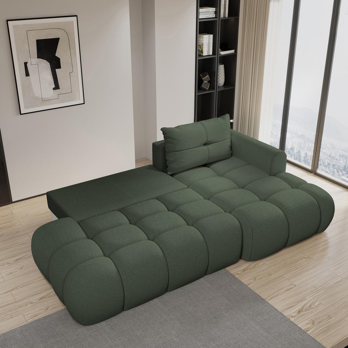 ECKSOFA FLUMA R-S Grün Boucle-Stoff mit Schlaffunktion - Grün, Holz (279/158cm) - MASSENO