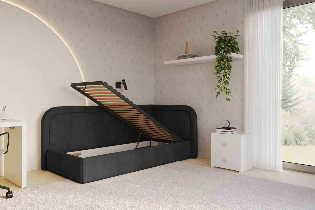 EINZELLBETT Jugendbett mit Bettkasten und Matratze H3/H4, Links - JOVY 80x200 Schwarz - Schwarz, Holzwerkstoff/Textil (80/200cm) - ALTDECOR