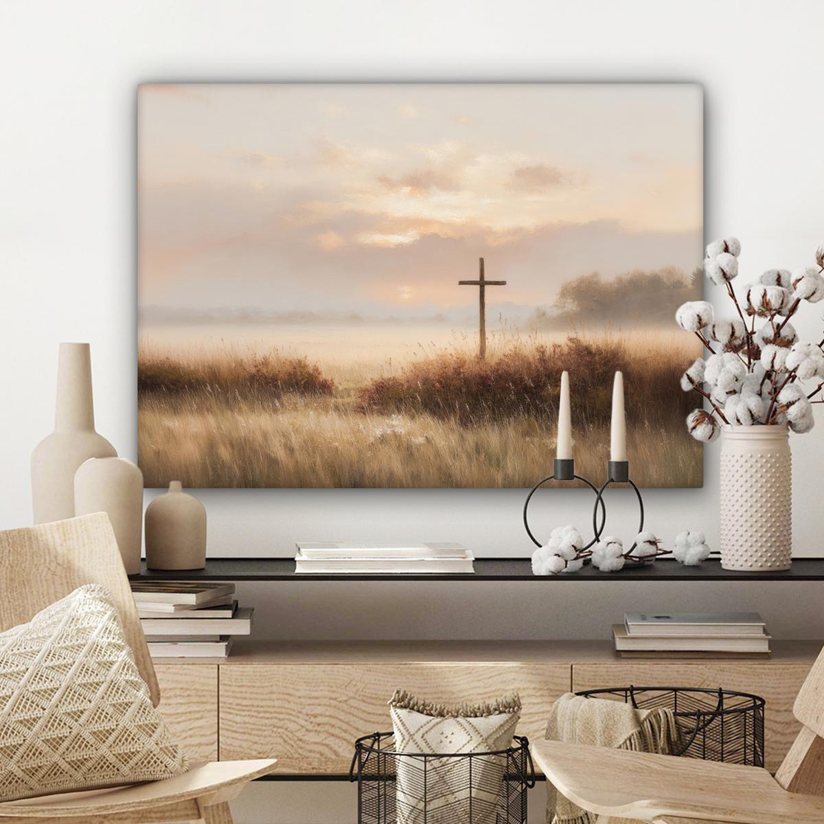 LEINWANDBILD Gras - Morgennebel - Kreuz - Christentum Wandbilder 80x60 cm - Beige, Textil (80/60cm) - MuchoWow