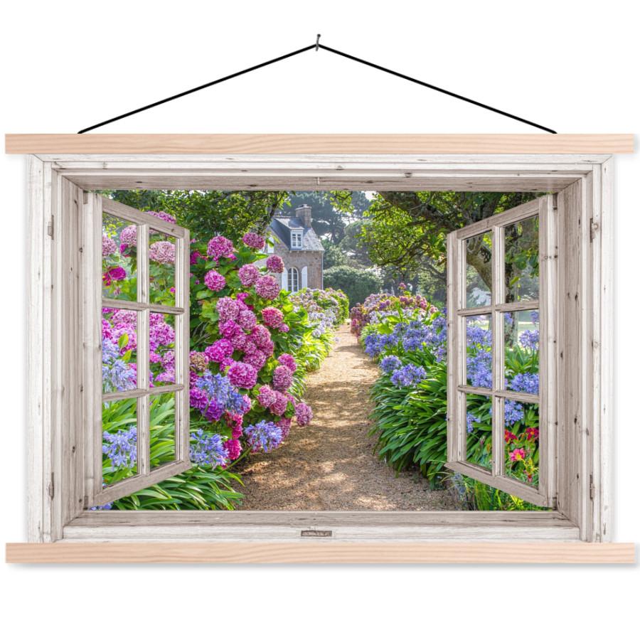 POSTER MIT MAGNETLEISTEN Hortensie - Durchsichtig - Blumen - Sommer - Lila - Weg Wanddeko 90x60 cm - Lila, Textil (90/60/0.15cm) - MuchoWow
