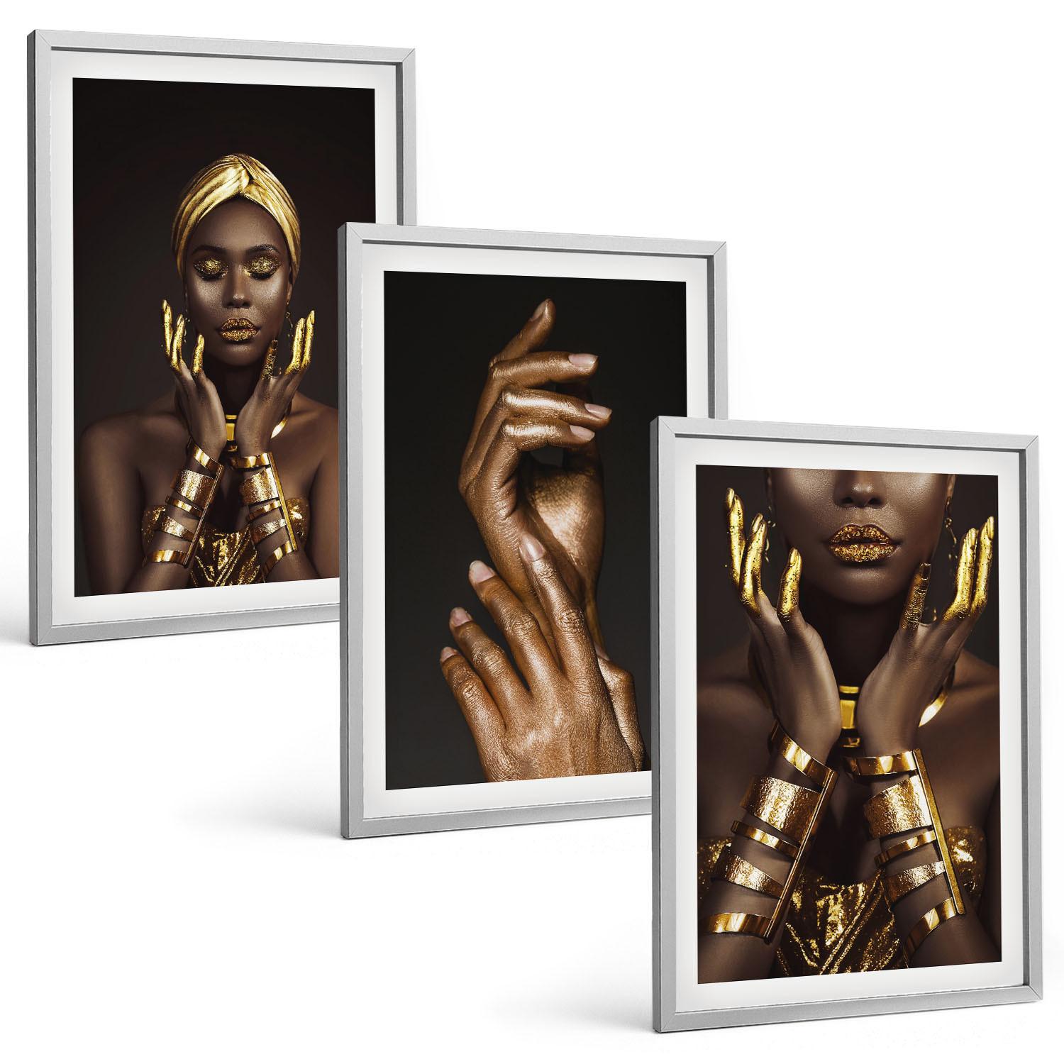 BILDER SET 3er Set - 40x60 cm Silberner Rahmen - Porträts afrikanischer Frauen - Silberfarben, Kunststoff (40/60cm) - TULUP