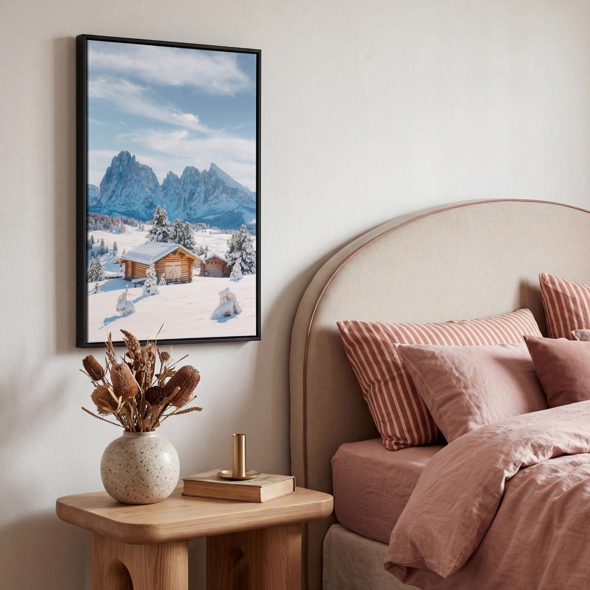 LEINWAND Bilder mit Rahmen - Winter - Hütte - Berge - Aussicht - Schnee - 40x60 - Eichefarben, Textil (40/60cm) - MuchoWow