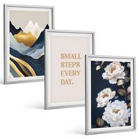 BILDER SET 3er Set - 40x60 cm Silberner Rahmen - Abstrakte Berge und Blumen Inspiration - Silberfarben, Kunststoff (40/60cm) - TULUP