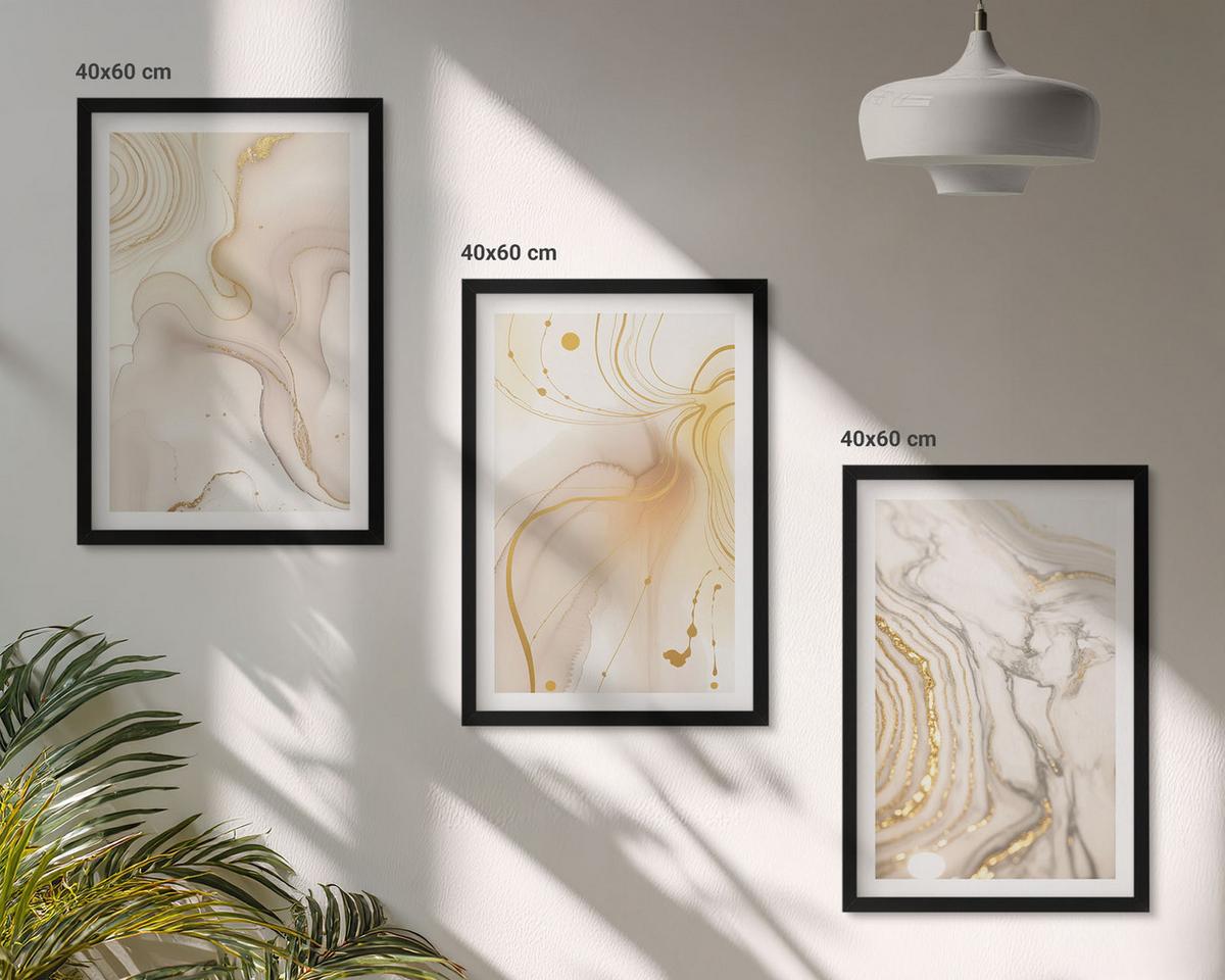 BILDER SET 3er Set - 40x60 cm Schwarzer Rahmen - Subtile abstrakte Muster - Schwarz, Kunststoff (40/60cm) - TULUP