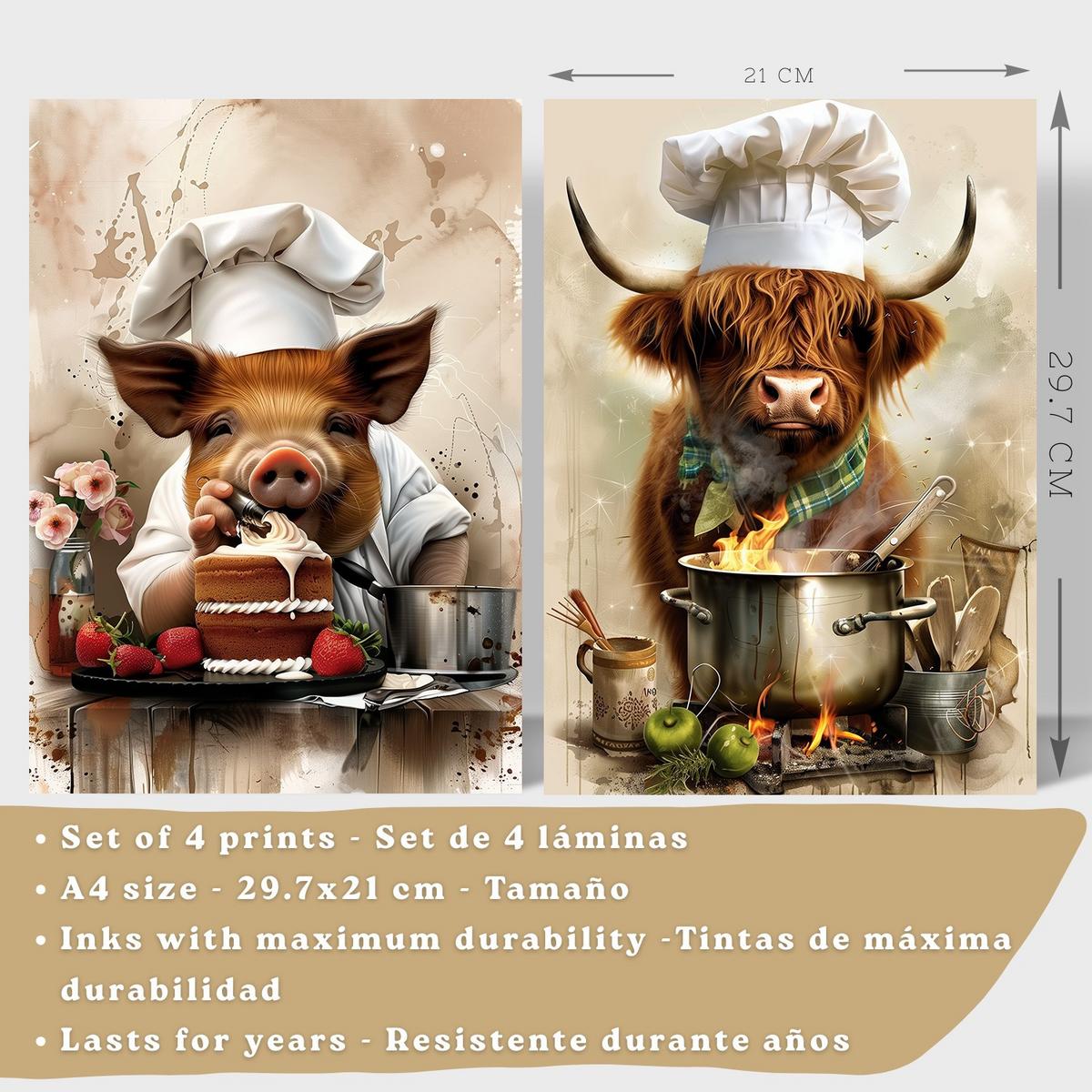 POSTER 4er Set Tier Koch Wandbilder Schwein Bäcker und Highland-Rind Köchin Illustration Küche Wanddeko Schwarzer Rahmen A4 - Schwarz, Papier (29.7/1/21cm) - Nacnic