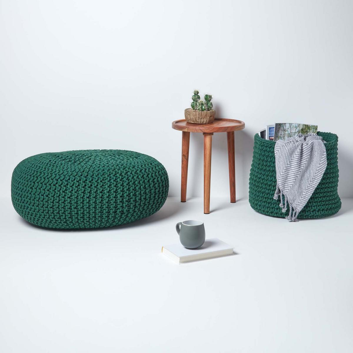 STRICK-POUF tannengrün, Bodenkissen rund 70/70/23 cm - Waldgrün, Textil (70/23/70cm) - Homescapes