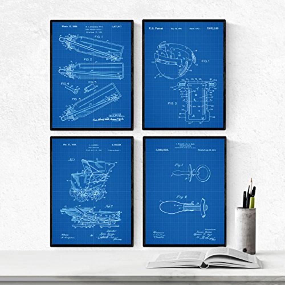 POSTER Set mit 4 BabyPatenten Blau A4 Schwarzer Rahmen - Schwarz, Papier (29.7/3cm) - Nacnic