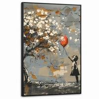 LEINWAND Bilder mit Rahmen - Baum - Graffiti - Banksy-Stil - Ballon-Mädchen - 80x120 - Blaugrau, Textil (80/120cm) - MuchoWow