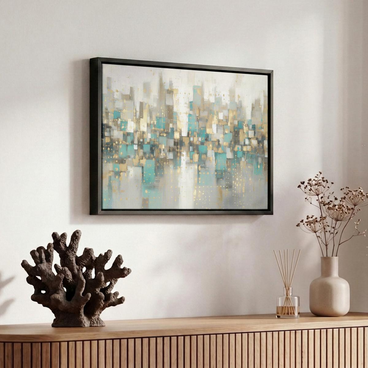 LEINWAND Bilder mit Rahmen - Abstrakt - Blöcke - Gold - Skyline - 30x20 - Beige, Textil (30/20cm) - MuchoWow