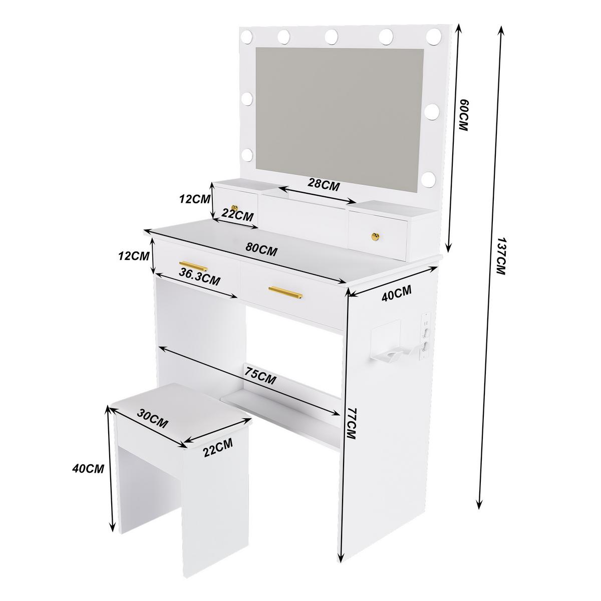 SCHMINKTISCH-SET 80 cm in Weiß mit LED-Spiegel - Weiß, Holzwerkstoff (80/137/40cm) - Urban Meuble