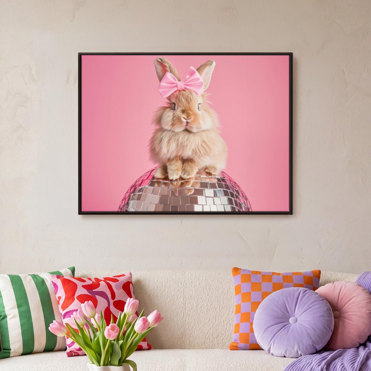 LEINWAND Bilder mit Rahmen - Schleife - Discoball - Kaninchen - 80x60 - Pink, Textil (80/60cm) - MuchoWow