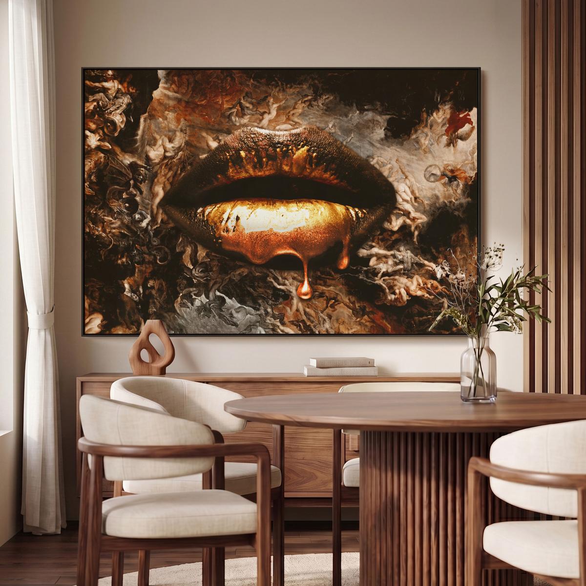 LEINWAND Bilder mit Rahmen - Gold - Lippen - Kunst - Gold - Luxus - Abstrakt - 120x80 - Kupferfarben, Textil (120/80cm) - MuchoWow
