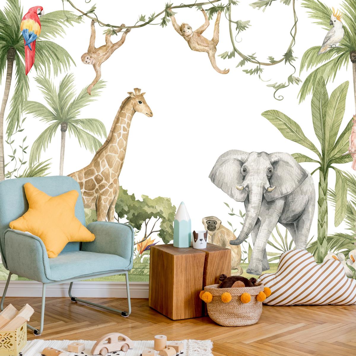 FOTOTAPETE für Kinderzimmer Dschungel Tiere Giraffe Elefant Palmen 200x140 - Beige/Rot, Papier (200/140cm) - Muralo