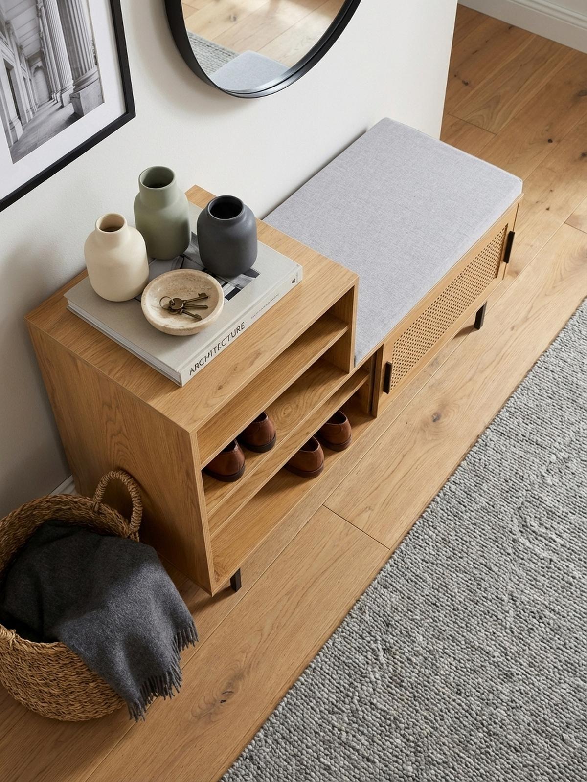 SCHUHBANK – Eiche-Dekor, 120x75,5x40 cm, Rattan-Elemente, Sitzbank gepolstert - Schwarz/Braun, Textil/Metall (120/76/40cm) - KADIMA DESIGN