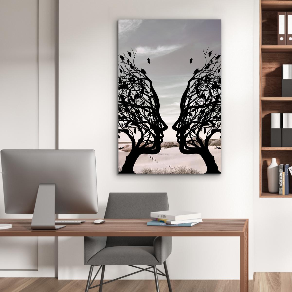 METALLBILD Strand - Meer - Menschen - Baum - Moderne Kunst 80x120 cm - Hellgrau, Metall (80/120cm) - MuchoWow
