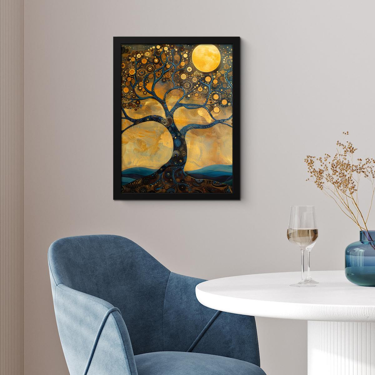 POSTER MIT RAHMEN Baum - Mond - Blumen - Gold - Kunst Bilderrahmen 30x40 cm - Orange, Papier (30/40cm) - MuchoWow
