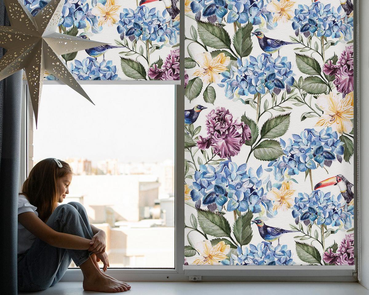 INNENROLLO - Fensterrollo - Rollo - 110x140 cm - Tukane und Blumen - Blau, Kunststoff (110/140/0.5cm) - TULUP