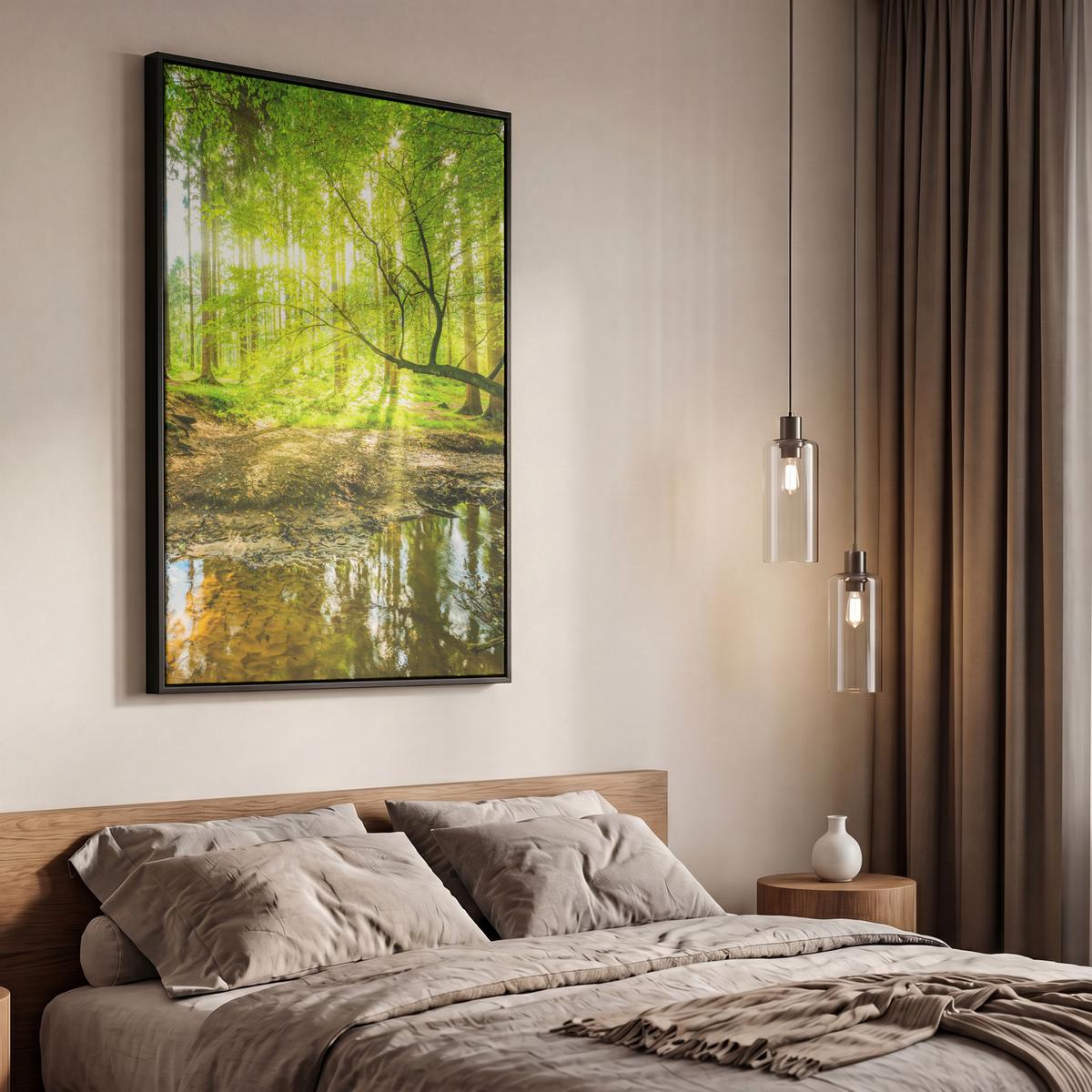 LEINWAND Bilder mit Rahmen - Wald - Landschaft - Wasser - Bäume - Sonne - Grün - Natur - 60x90 - Grün, Textil (60/90cm) - MuchoWow