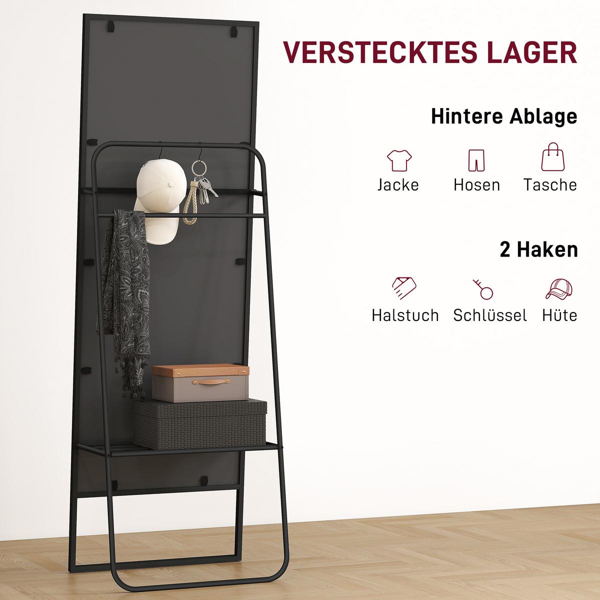 GANZKÖRPERSPIEGEL 157 x 50 cm Rechteckig Standspiegel mit Regal, 2 Haken Schwarz - Schwarz, Metall (38/157/50cm) - HOMCOM