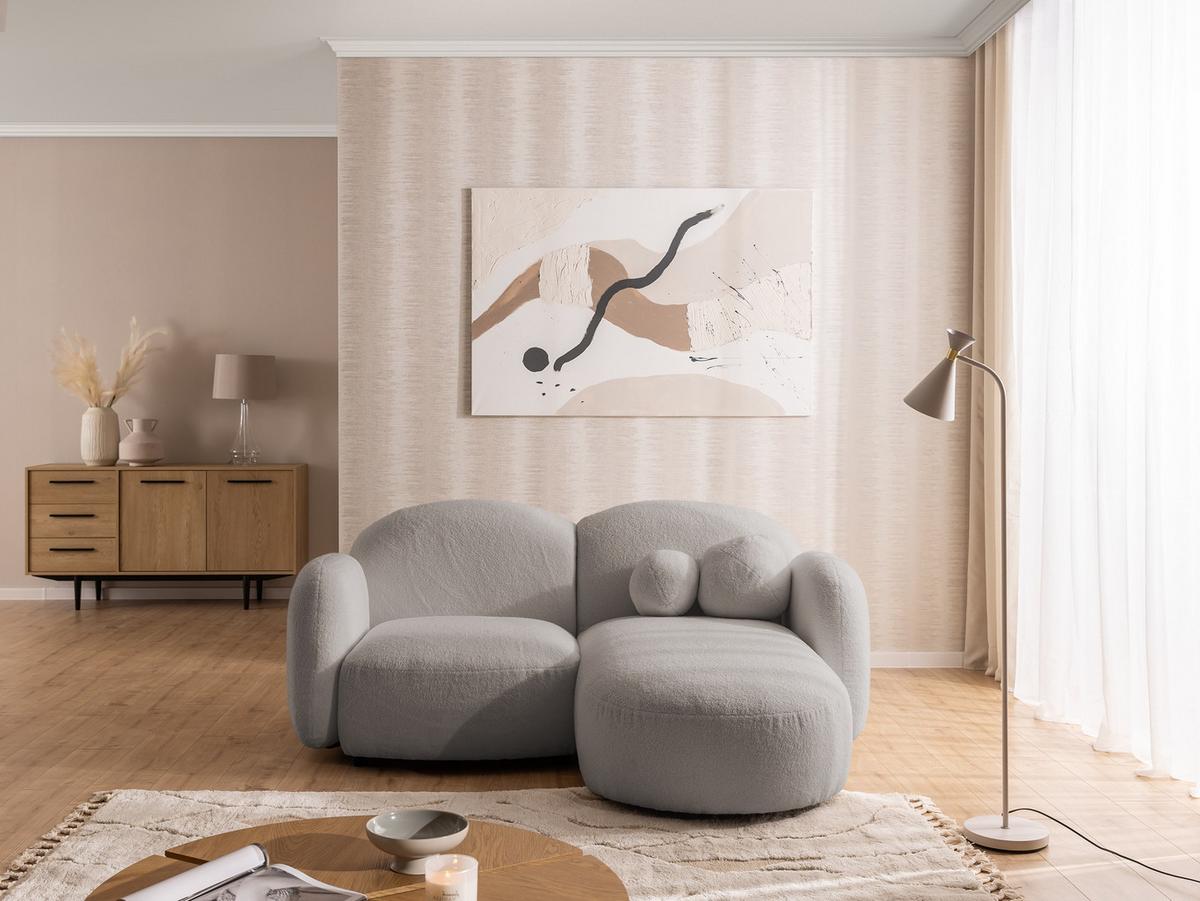 ECKSOFA Nuvola mit abgerundetem Design Hellgrau Bouclé-Stoff - Ottomane Rechts - Hellgrau/Schwarz, Holz/Kunststoff (190/146cm) - S-Style