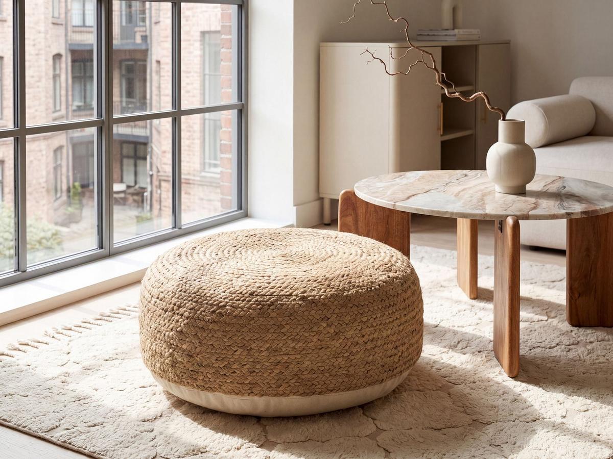 POUF Jute Beige Jutur - Beige/Naturfarben, Textil (70/30/70cm) - Beliani