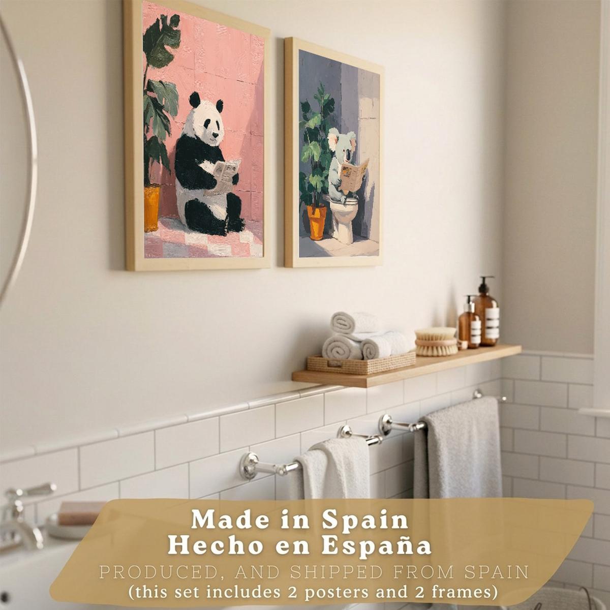 POSTER 2er-Set dekorative Badezimmer-Kunstdrucke und lustige für Wand, Toilette mit lesenden Tieren im Badezimmer, Stil Leichter Holzrahmen A3 - Beige, Papier (42/29.7/3cm) - Nacnic