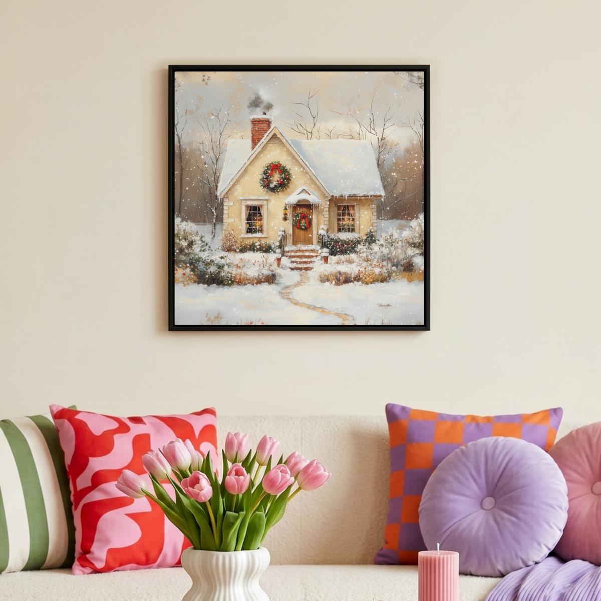 LEINWAND Bilder mit Rahmen - Weihnachten - Zuhause - Winter - Schnee - 50x50 - Creme, Textil (50/50cm) - MuchoWow