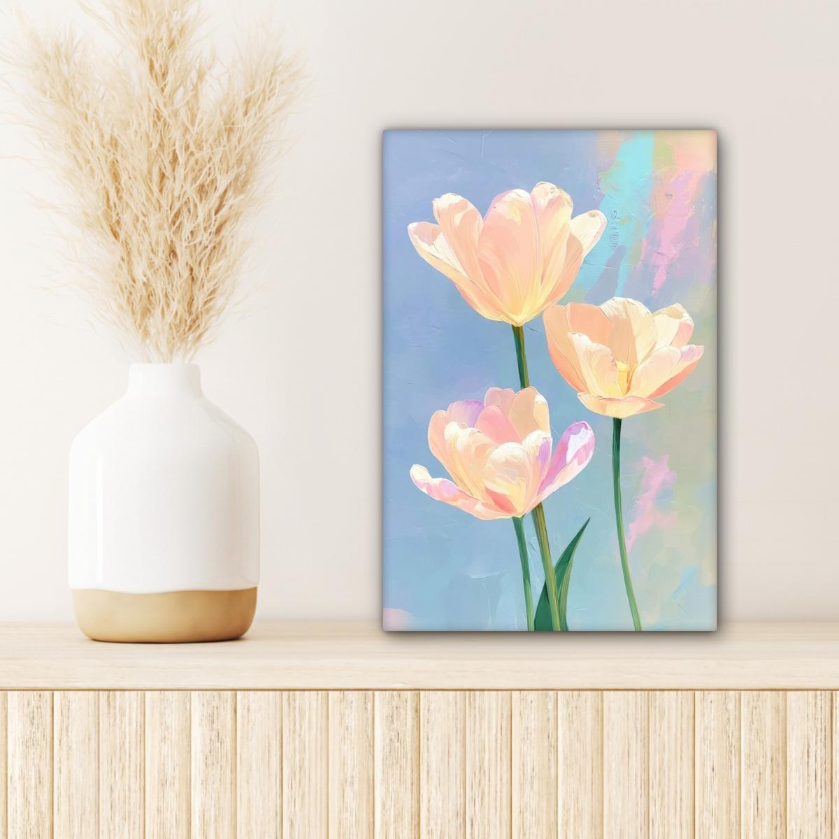 LEINWANDBILD Tulpen - Rosa Akzente - Blau Deko Wohnzimmer 20x30 cm - Pastellblau, Textil (20/30cm) - MuchoWow