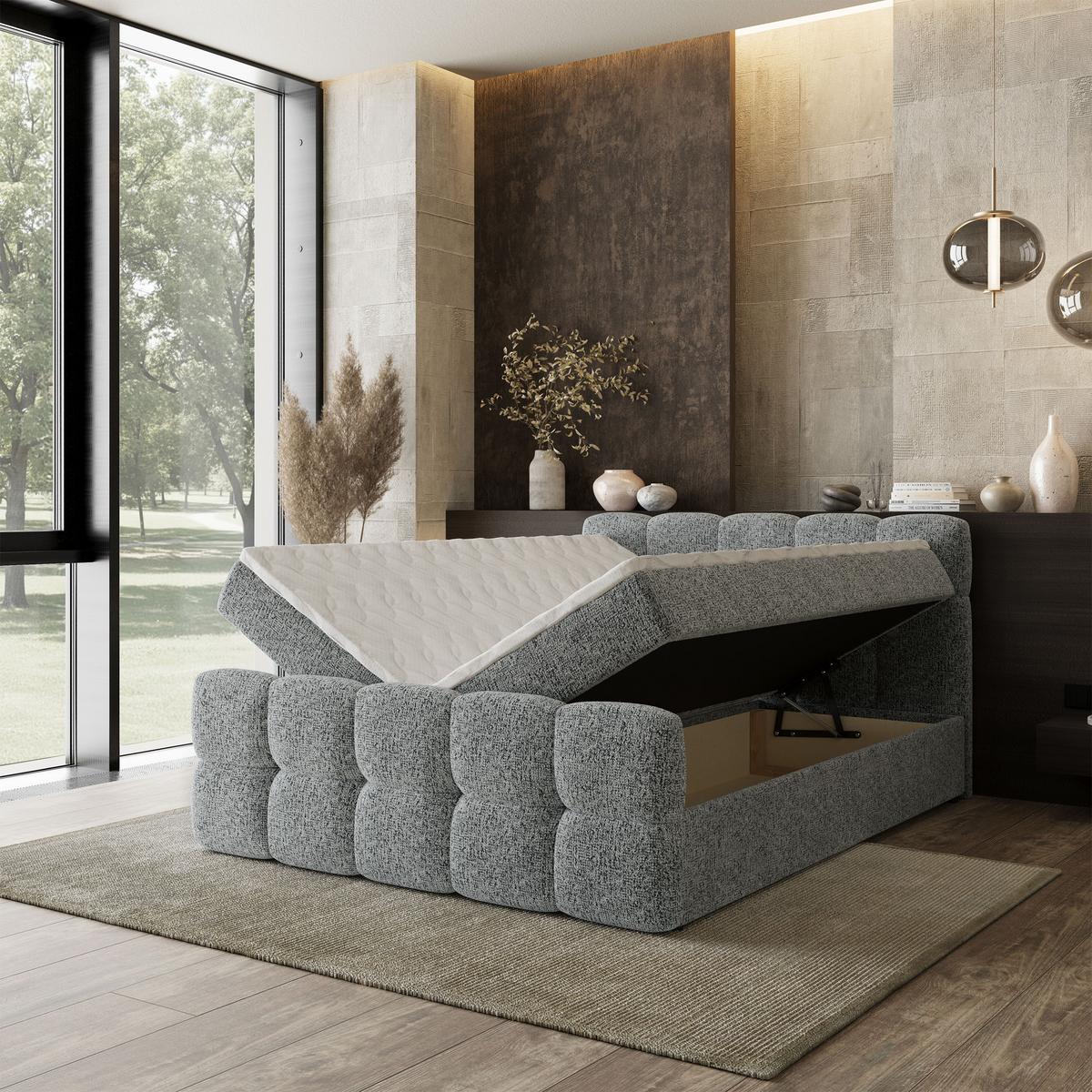 BOXBETT BRUME 160x200 cm mit Matratze und Topper, H2+H3 - Hellgrau - Hellgrau, Holz (160/200cm) - MASSENO