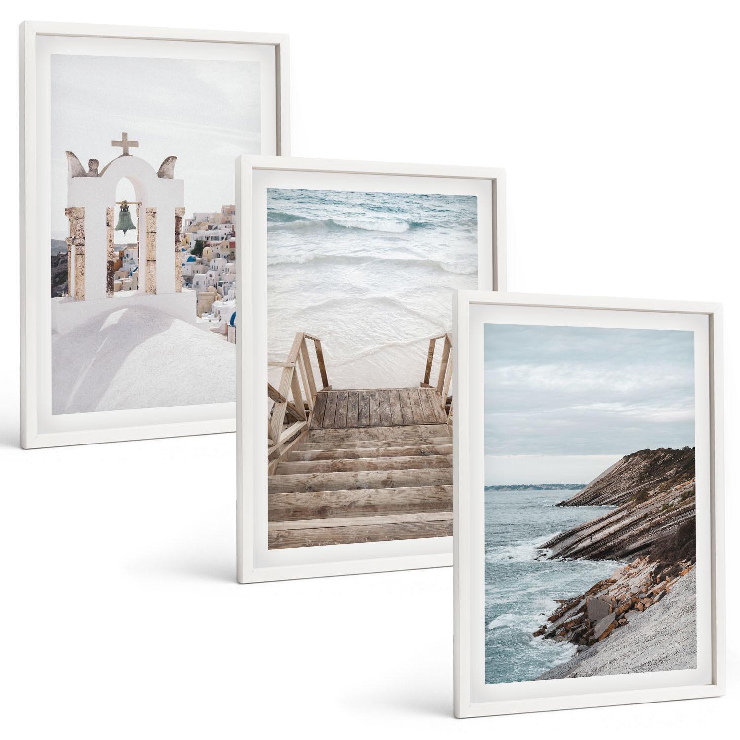 BILDER SET 3er Set - 40x60 cm Weißer Rahmen - Meeresarchitektur Santorin - Weiß, Kunststoff (40/60cm) - TULUP