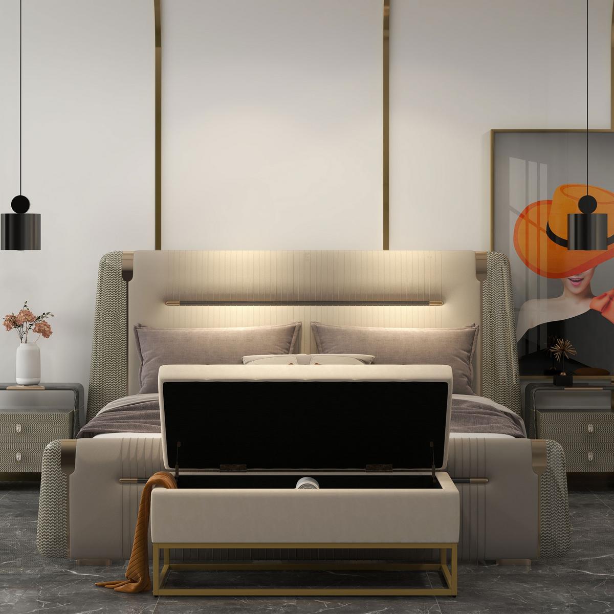TRUHENBANK samtoptik, Stahl Beige - Beige, Textil (44/49/110cm) - HOMCOM