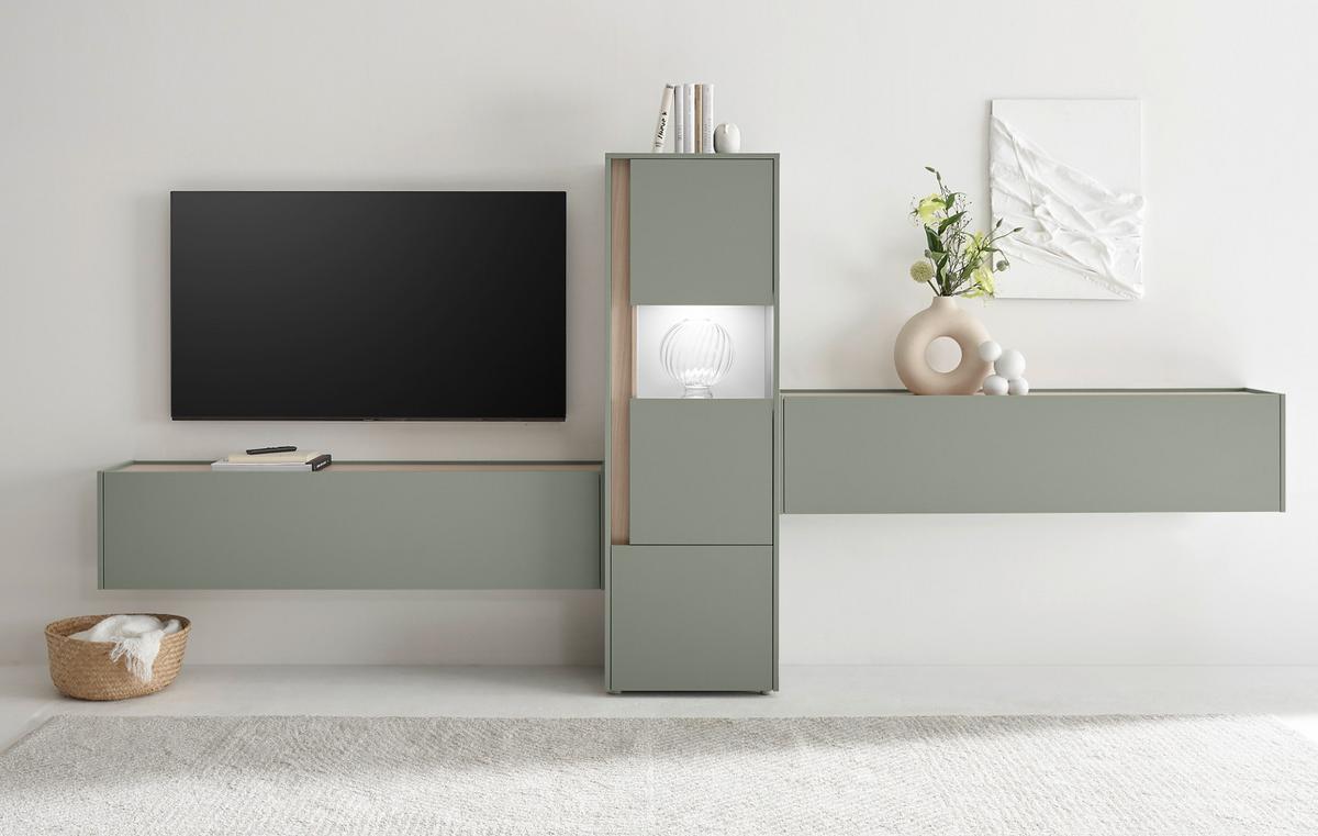 WOHNWAND 3-teilig in Salbei grün, Barista Eiche 350, Komplett-Set mit viel Stauraum - Salbeigrün/Eichefarben, Glas/Holzwerkstoff (350/155/40cm) - Furn.Design