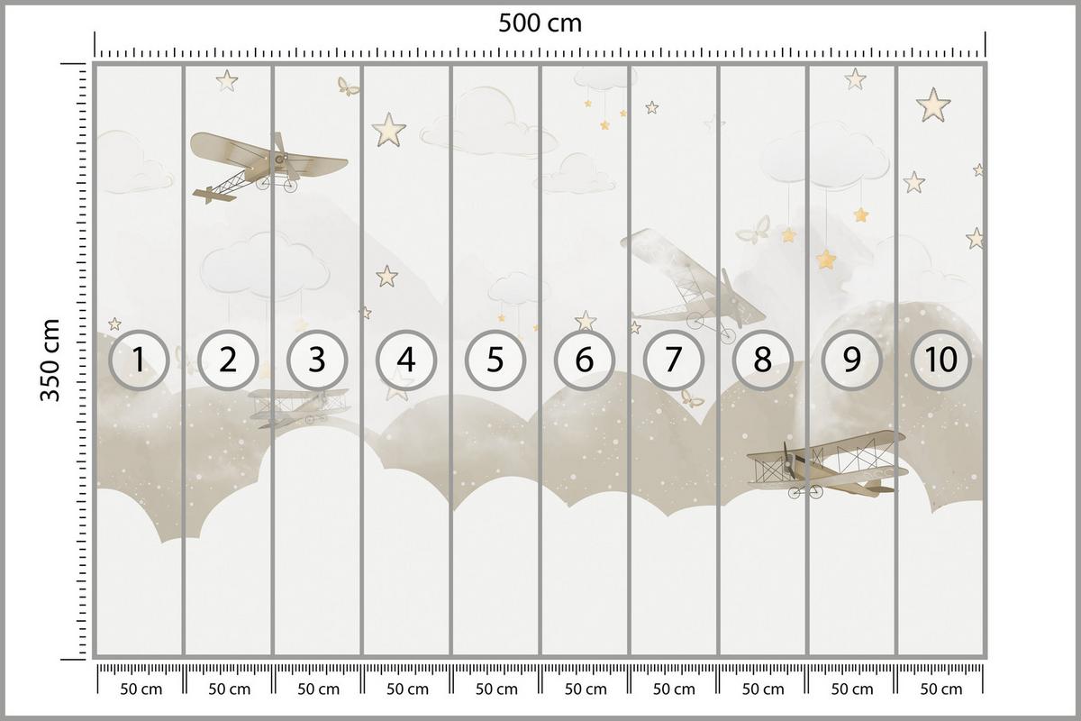 FOTOTAPETE für Kinderzimmer Flugzeuge Wolken Sterne Himmel 500x350 - Gelb/Beige, Papier (500/350cm) - Muralo