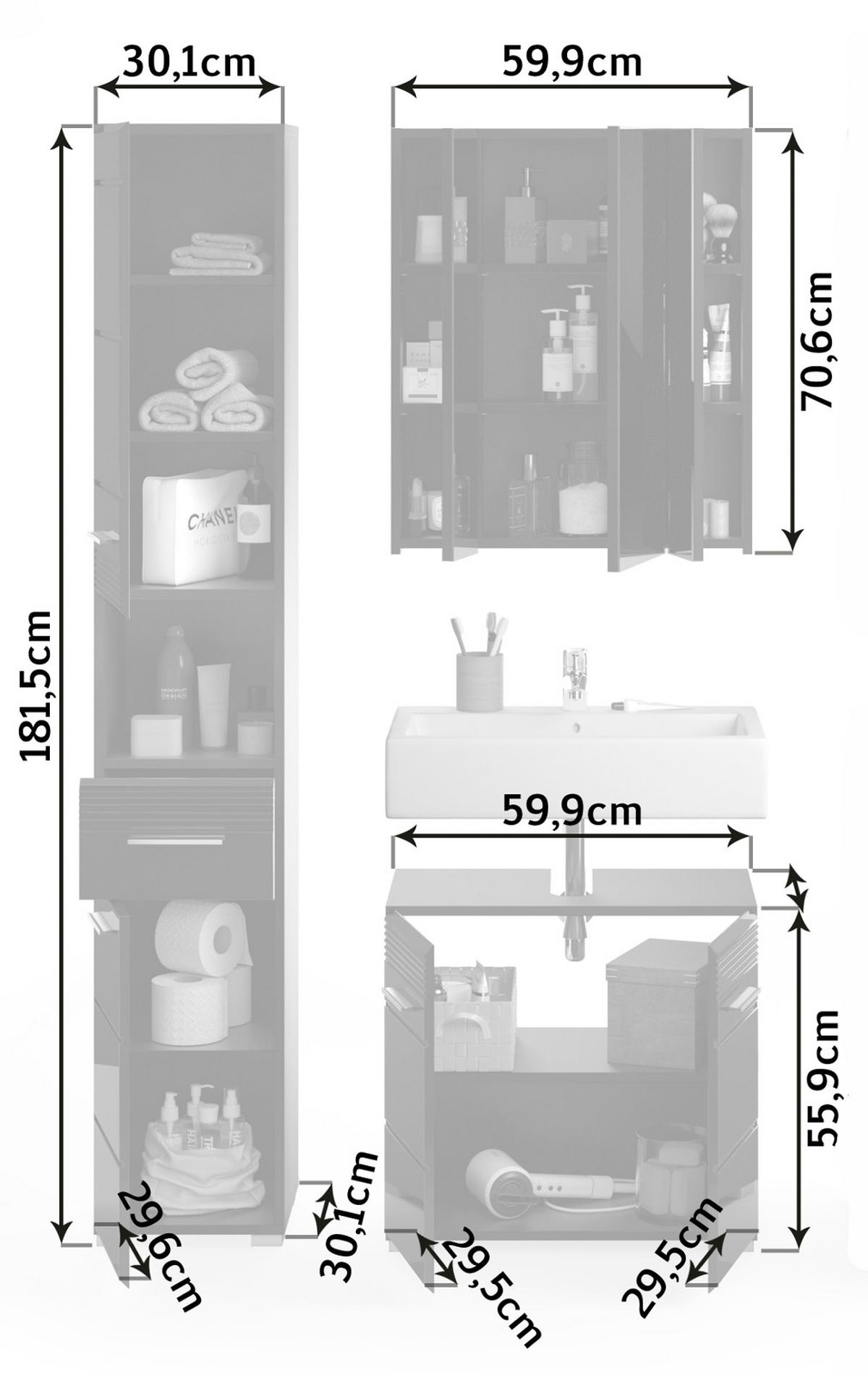 BADMÖBEL-SET in schwarz Hochglanz, 3-teilig 105 cm, Badkombination - Schwarz, Glas/Holzwerkstoff (105/182/34cm) - Inn.Furn