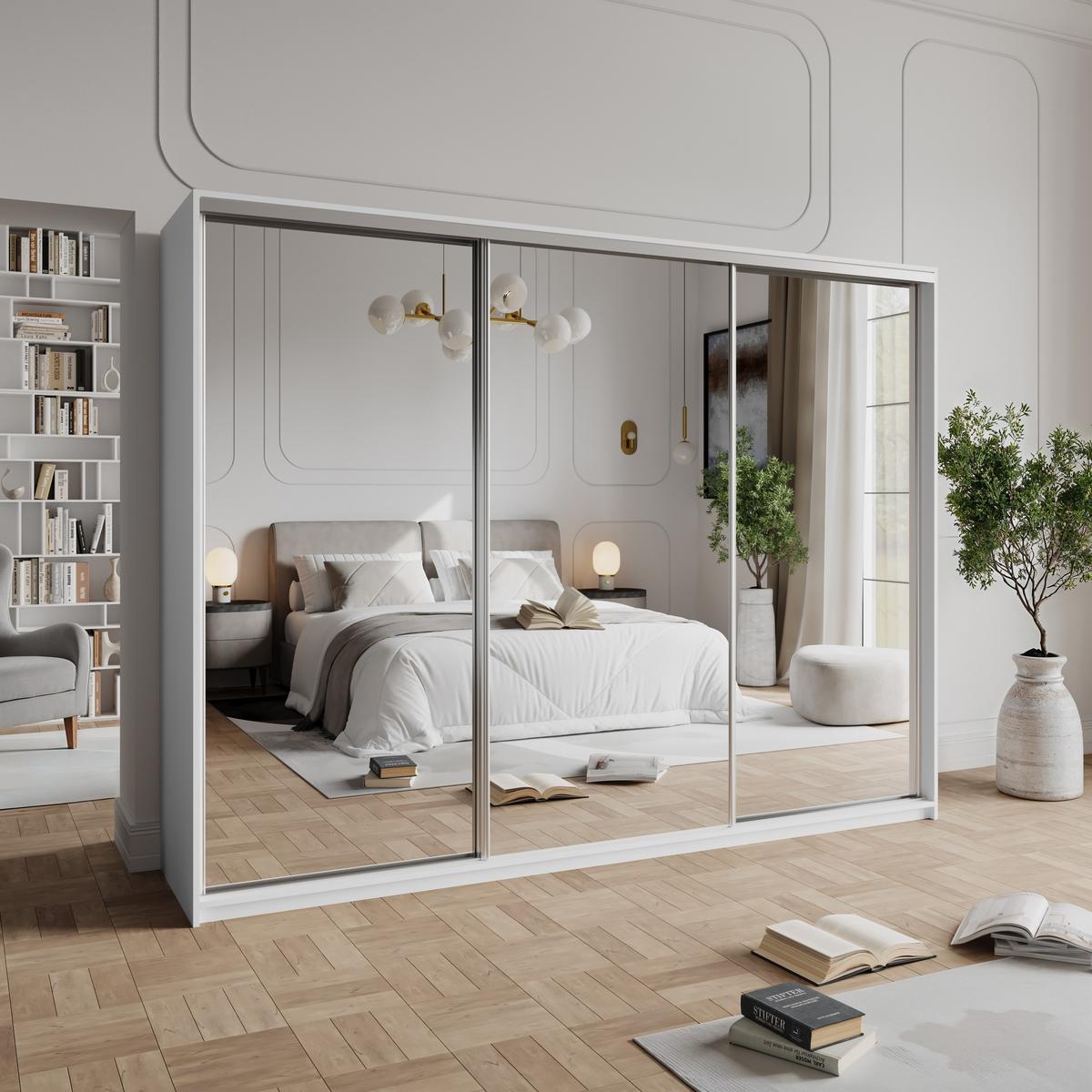 SCHWEBETÜRENSCHRANK RIEN 270/205/60 cm 3-türig mit Spiegel Weiß - Weiß, Holzwerkstoff (270/205/60cm) - MASSENO