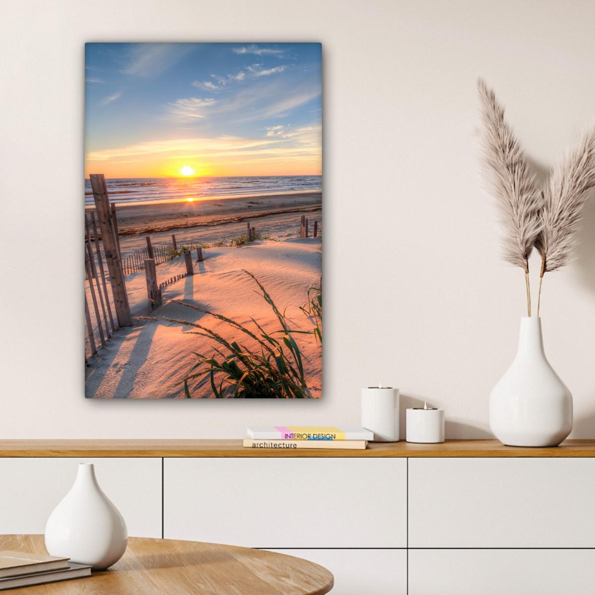LEINWANDBILD Strand - Meer - Düne - Sonnenuntergang - Landschaft Wanddeko Schlafzimmer 60x90 cm - Beige, Textil (60/90cm) - MuchoWow