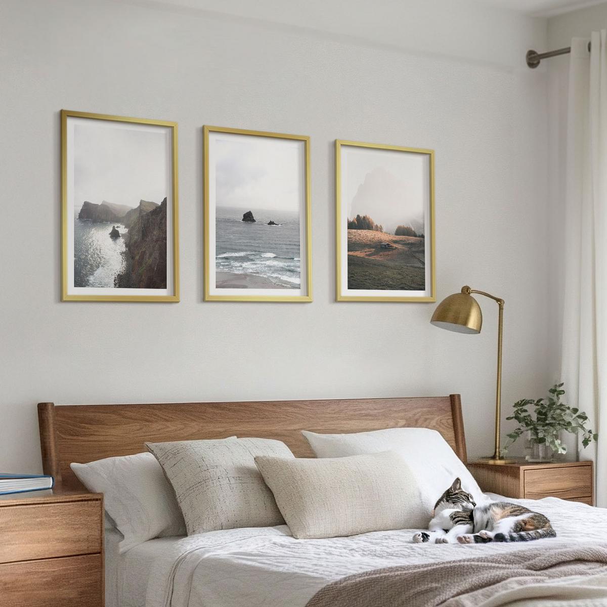 BILDER SET 3er Set - 40x60 cm Goldrahmen - Landschaften aus Bergen und Meer - Goldfarben, Kunststoff (40/60cm) - TULUP