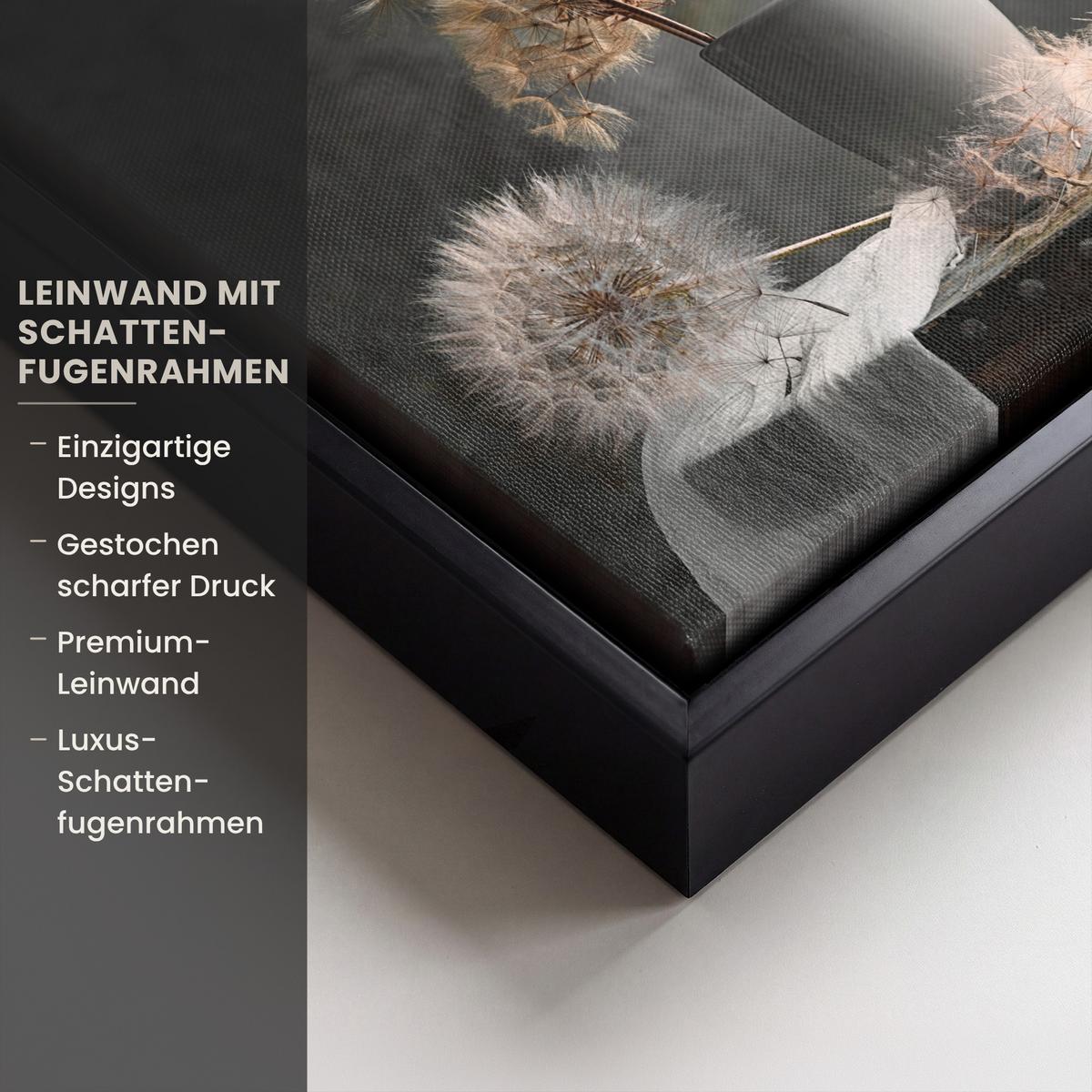 LEINWAND Bilder mit Rahmen - Blumensamen - Löwenzahn - Vase - Stilleben - Blumenstrauß - 20x20 - Dunkelgrau, Textil (20/20cm) - MuchoWow