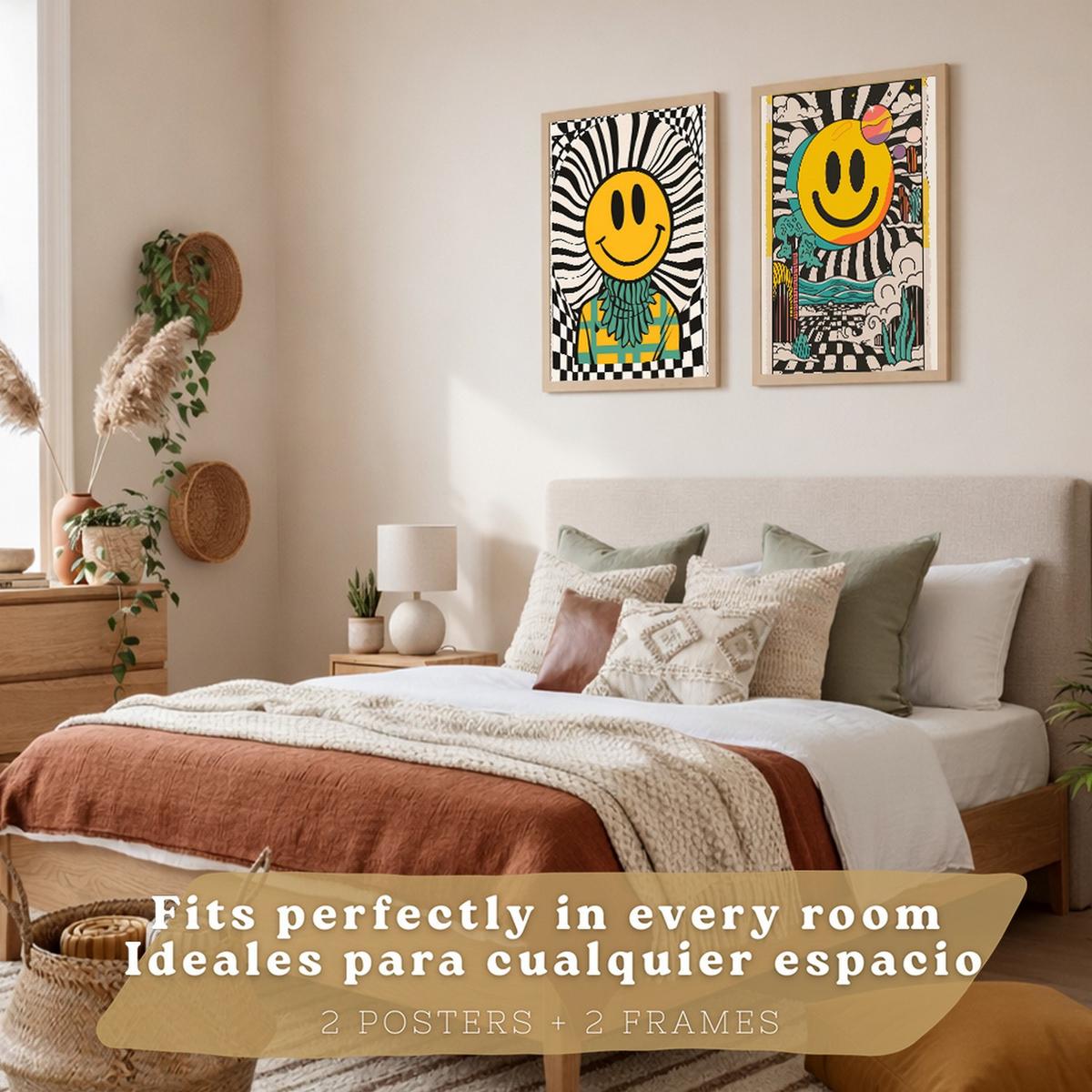 POSTER 4er Kunstdruck-Set Wandbilder Smiley Emoji modern Wohnzimmer Deko, Schlafzimmer, Küche, Badezimmer Leichter Holzrahmen A3 - Beige, Papier (29.7/1/42cm) - Nacnic