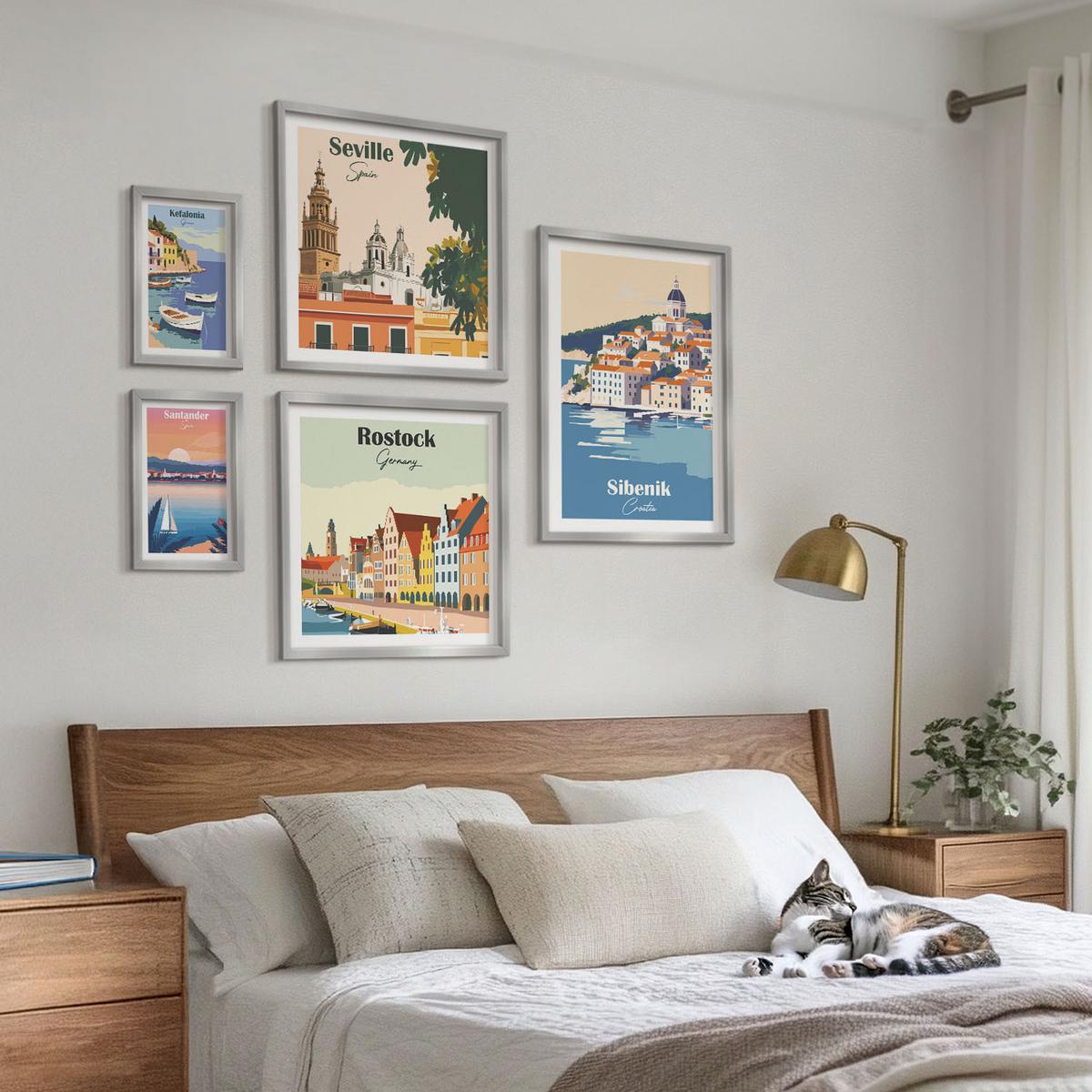 BILDER SET 5er Set - 50x50 cm & 20x30 cm & 40x60 cm Silberner Rahmen - Berglandschaften und Städte - Silberfarben, Kunststoff (40/60cm) - TULUP