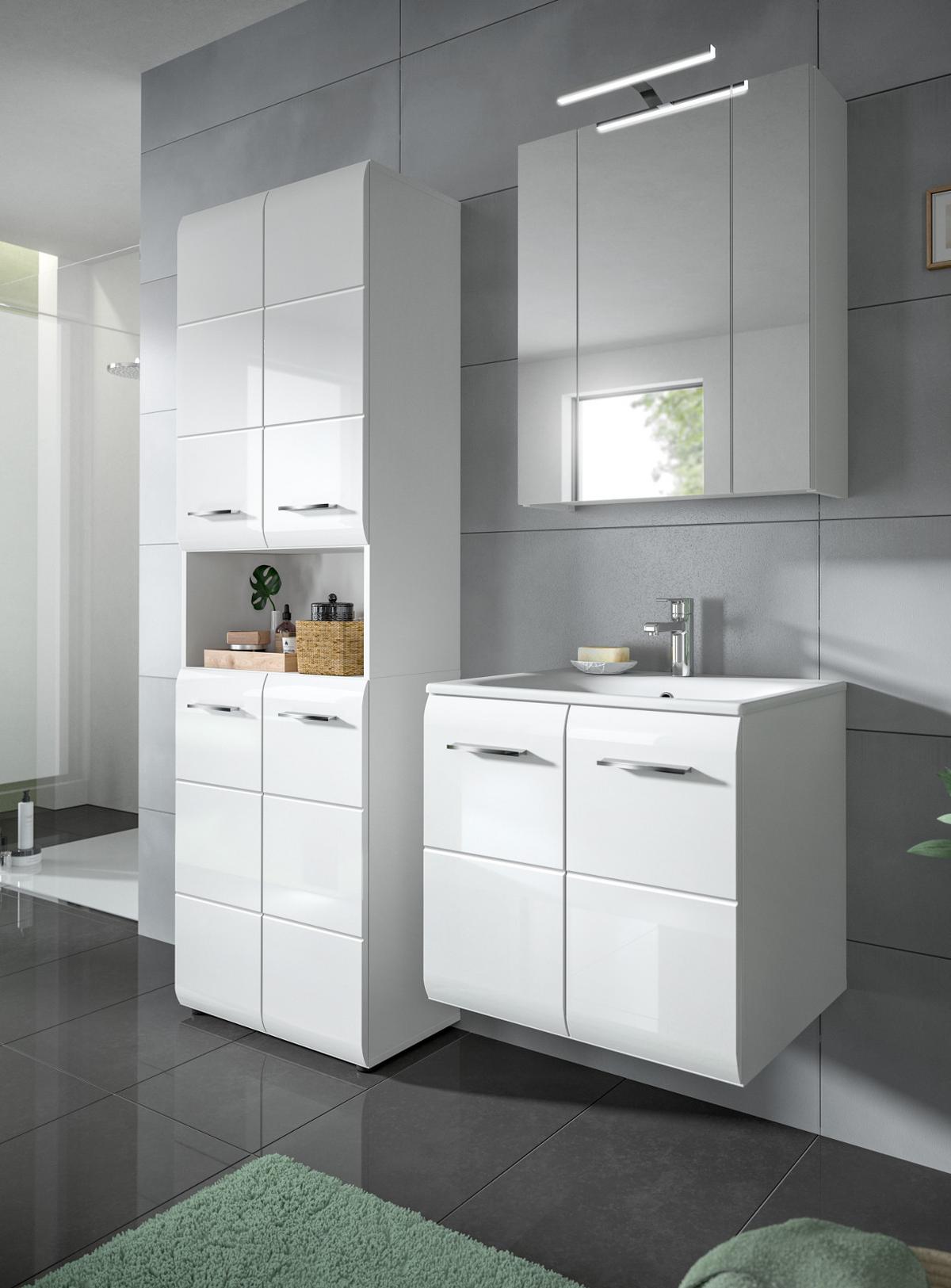 HOCHSCHRANK weiß Hochglanz 180 cm, Badezimmer Schrank mit viel Stauraum - Weiß Hochglanz/Silberfarben, Holzwerkstoff/Kunststoff (180/185/30cm) - Inn.Furn