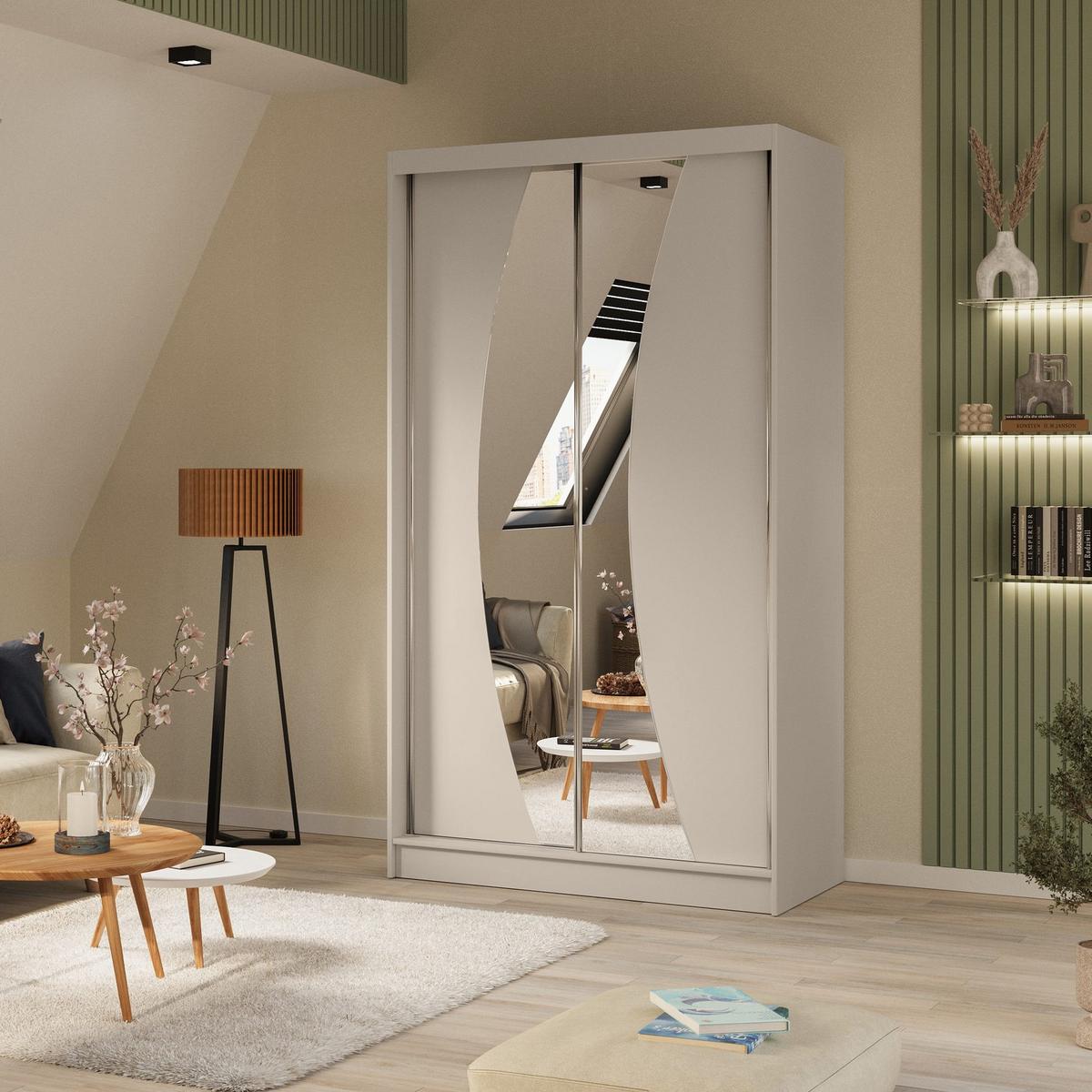 SCHWEBETÜRENSCHRANK Vox II 120/216/61 kaschmir mit Spiegel und Schubladen - Kaschmir, Holzwerkstoff (120/216/61cm) - Beautysofa