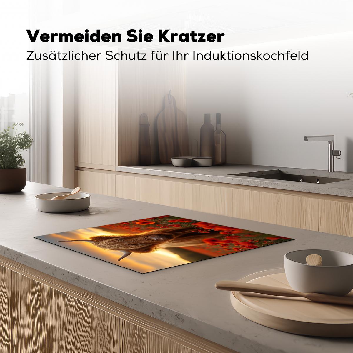 HERDABDECKPLATTE Schottische Highlander - Rosen - Blumenfeld - Sonnenuntergang Abdeckung Ceranfeld 59x51 cm - Rotbraun, Kunststoff (59/51/0.2cm) - MuchoWow
